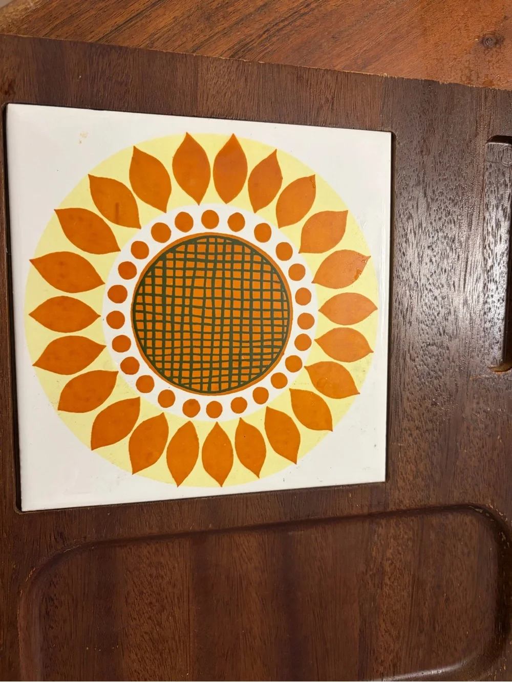 Wooden Serving Tray with Orange Sunburst Tile